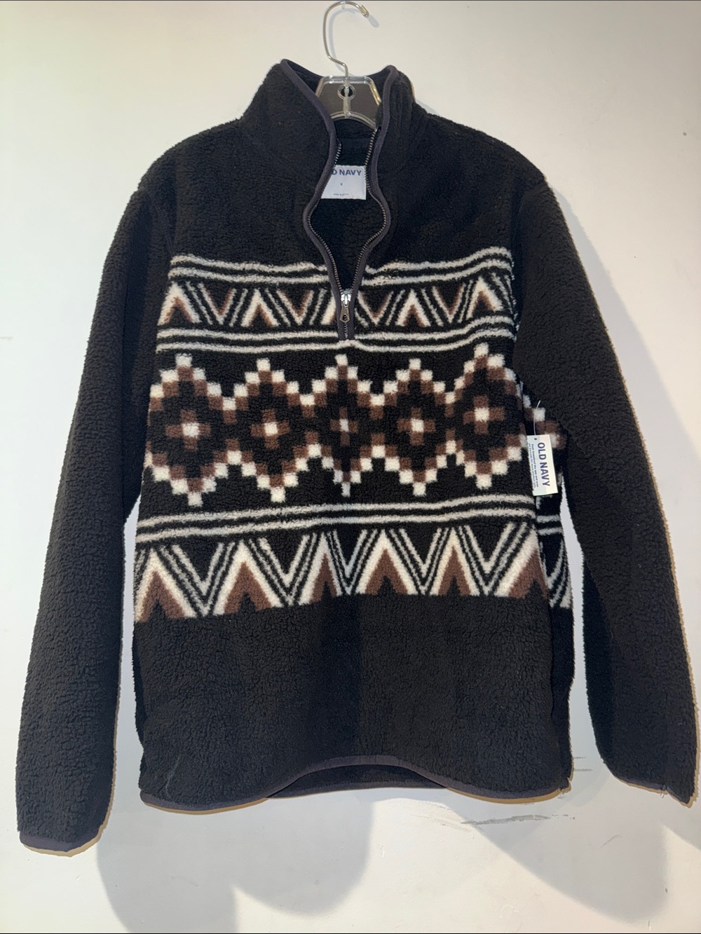 Old Navy Men’s Black Patterned Sherpa Quarter-Zip Sweater